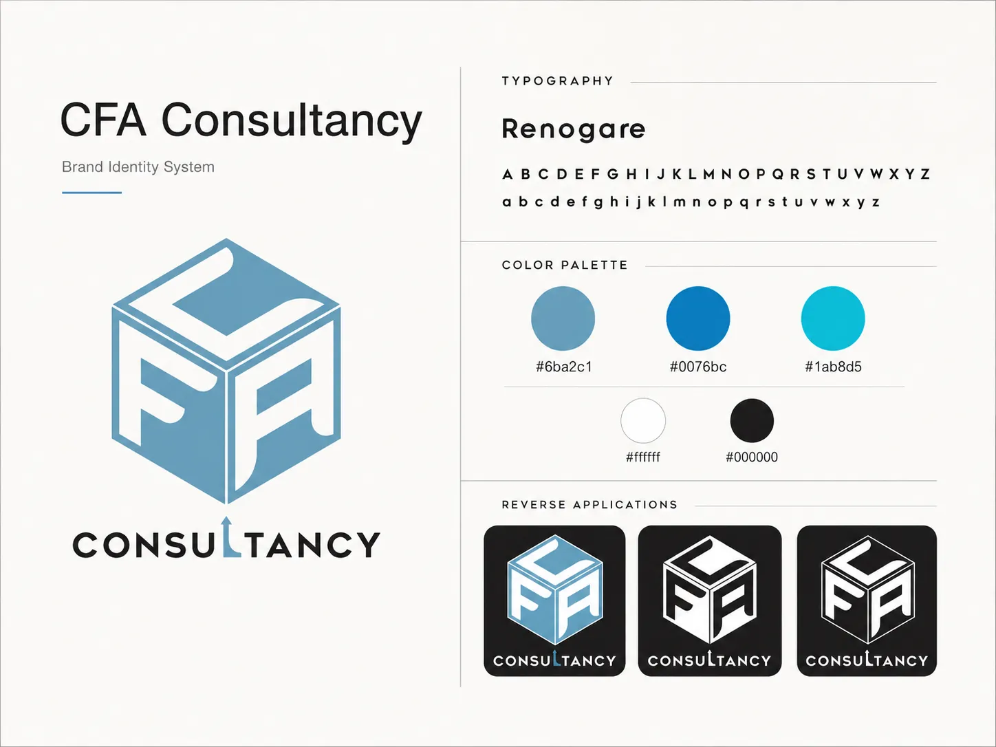 CFA Consultancy identity system: mark, typography, palette and reverse applications