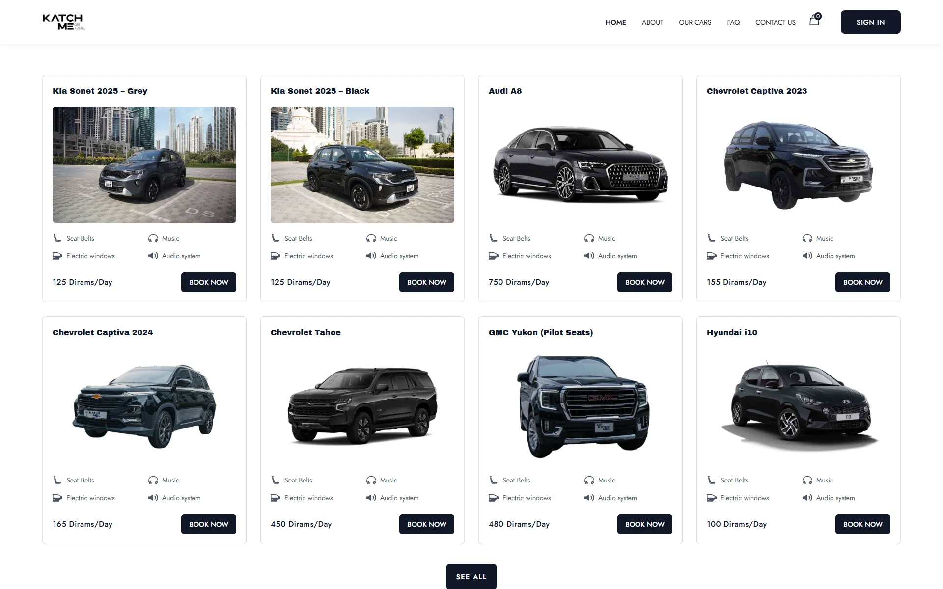 The fleet, each car with its daily rate and a book now button