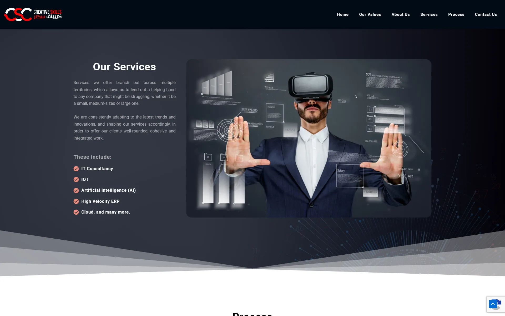 The services section, listing IT consultancy, IoT, AI, ERP and cloud