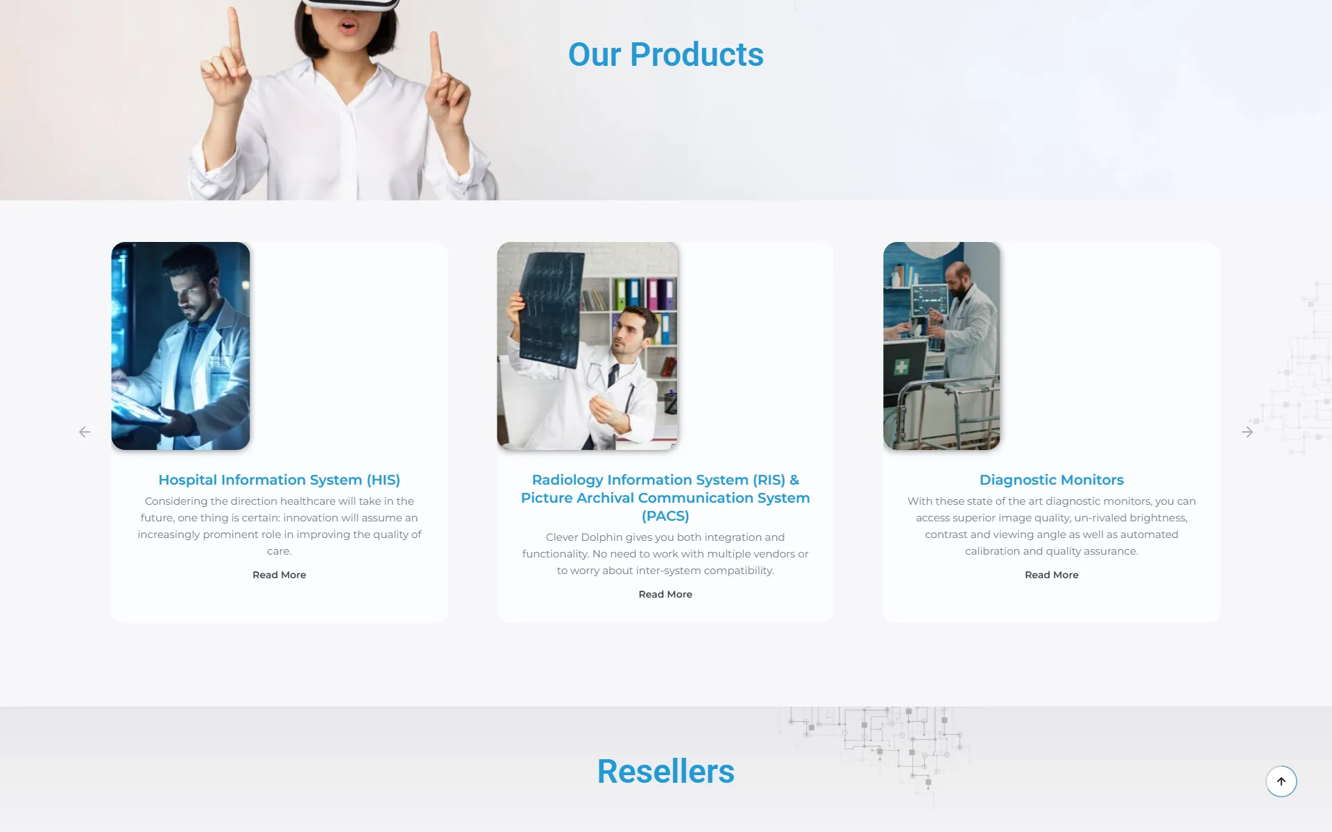 The products section, covering hospital systems, radiology and diagnostic monitors