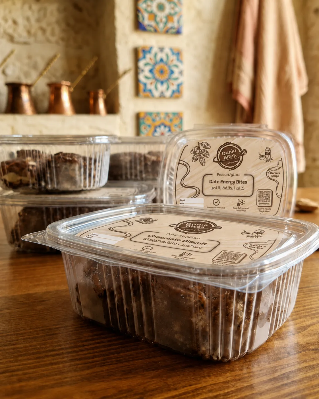 Packaged date energy bites and biscuits