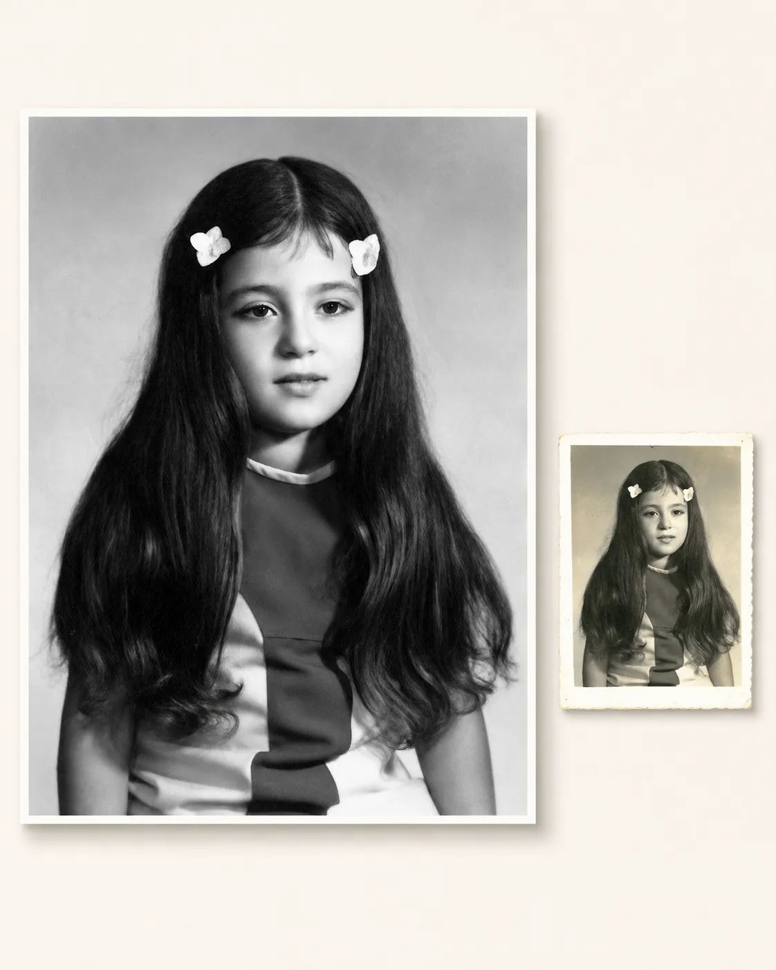 A worn portrait print restored, shown beside the original