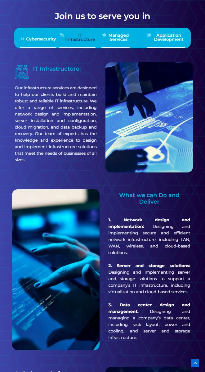 The services section, with tabs for cybersecurity, infrastructure, managed services and application development