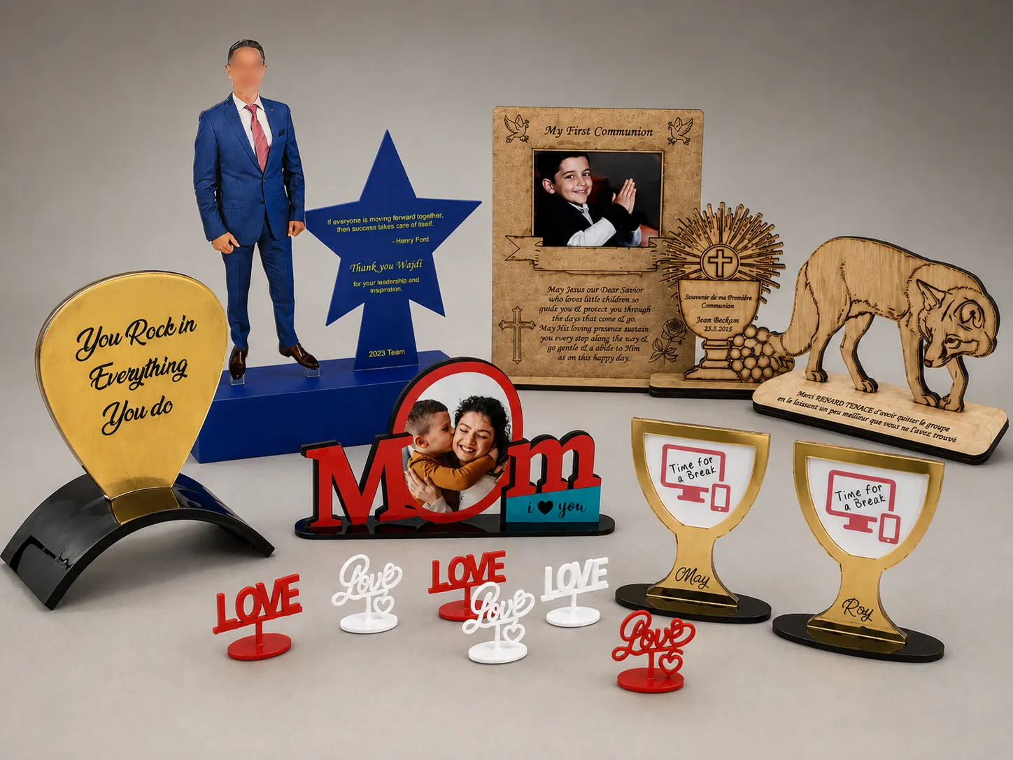 Engraved trophies, awards and keepsakes in acrylic and wood