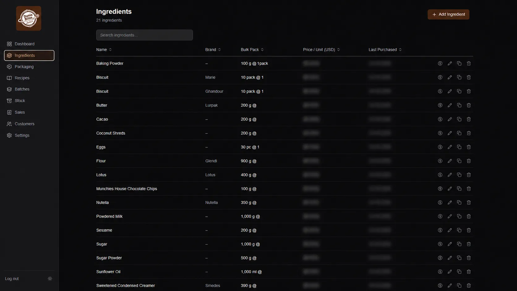 The ingredients list, with brands and bulk pack sizes